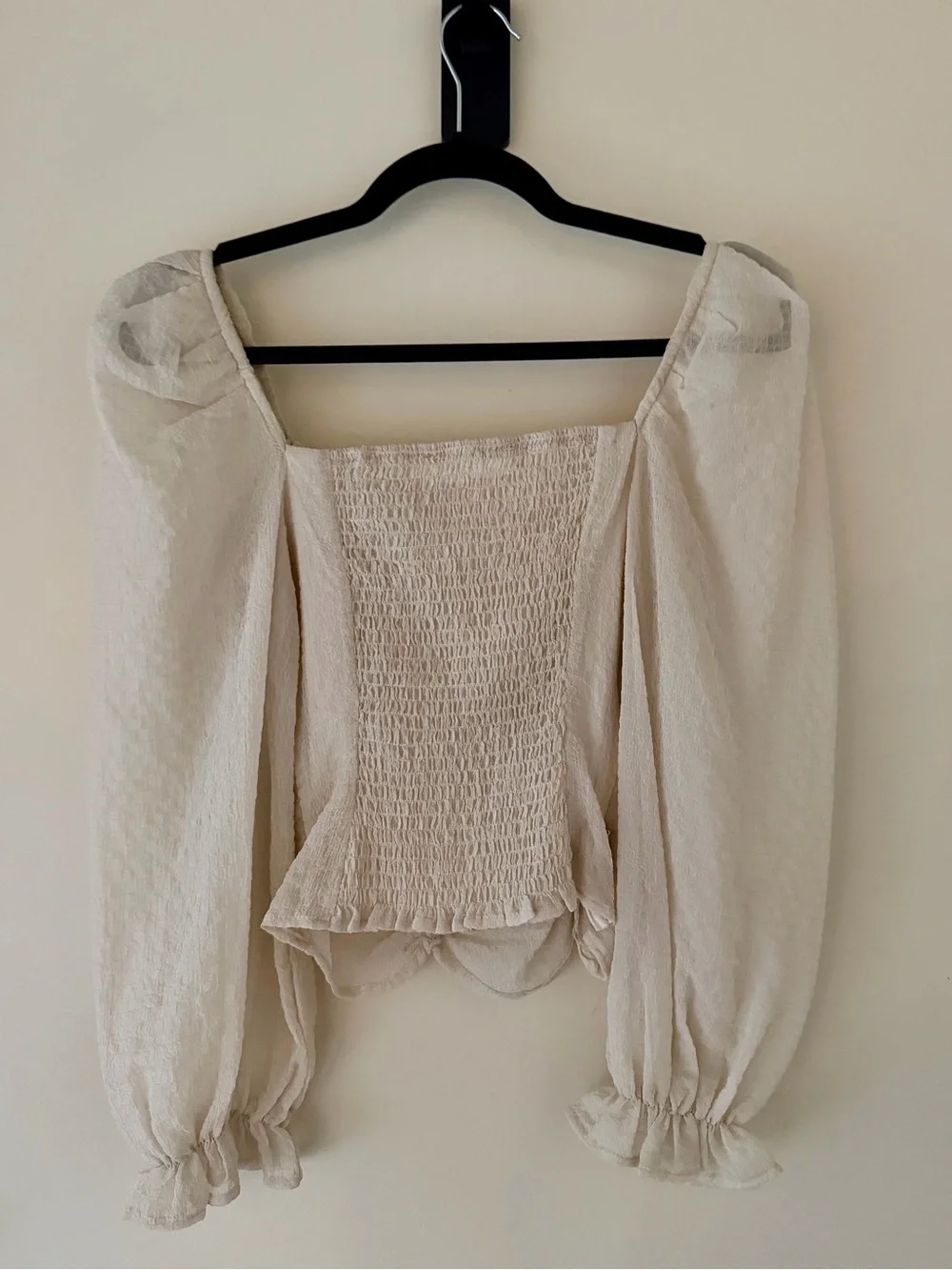 ASTR The Label Tonina Ruched Blouse Cream XS Puff Sleeve Square Neck Top